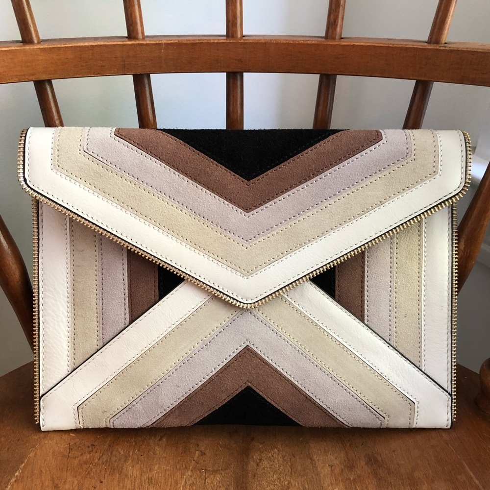 NWT Rebecca Minkoff Leo clutch, Taupe multi